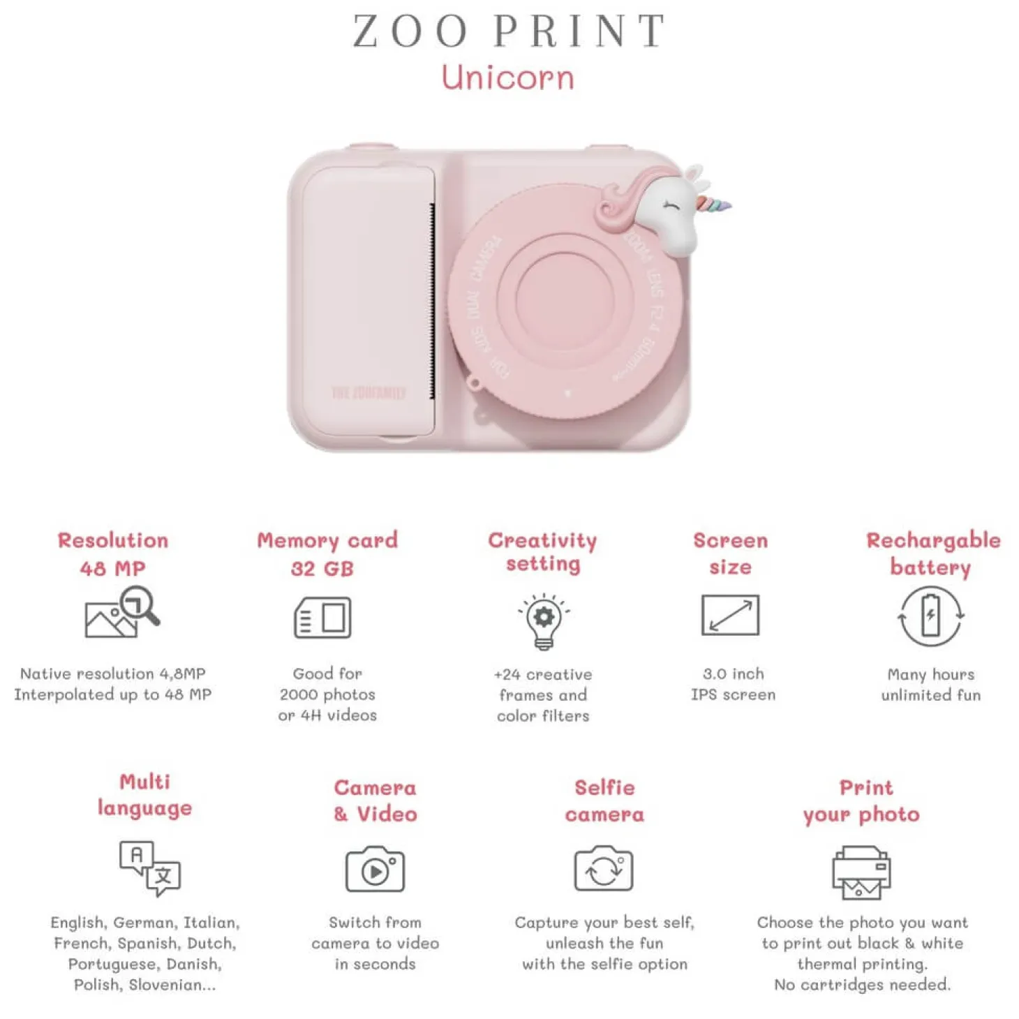Aparat cyfrowy z drukarką dla dzieci Zoo Print - Unicorn