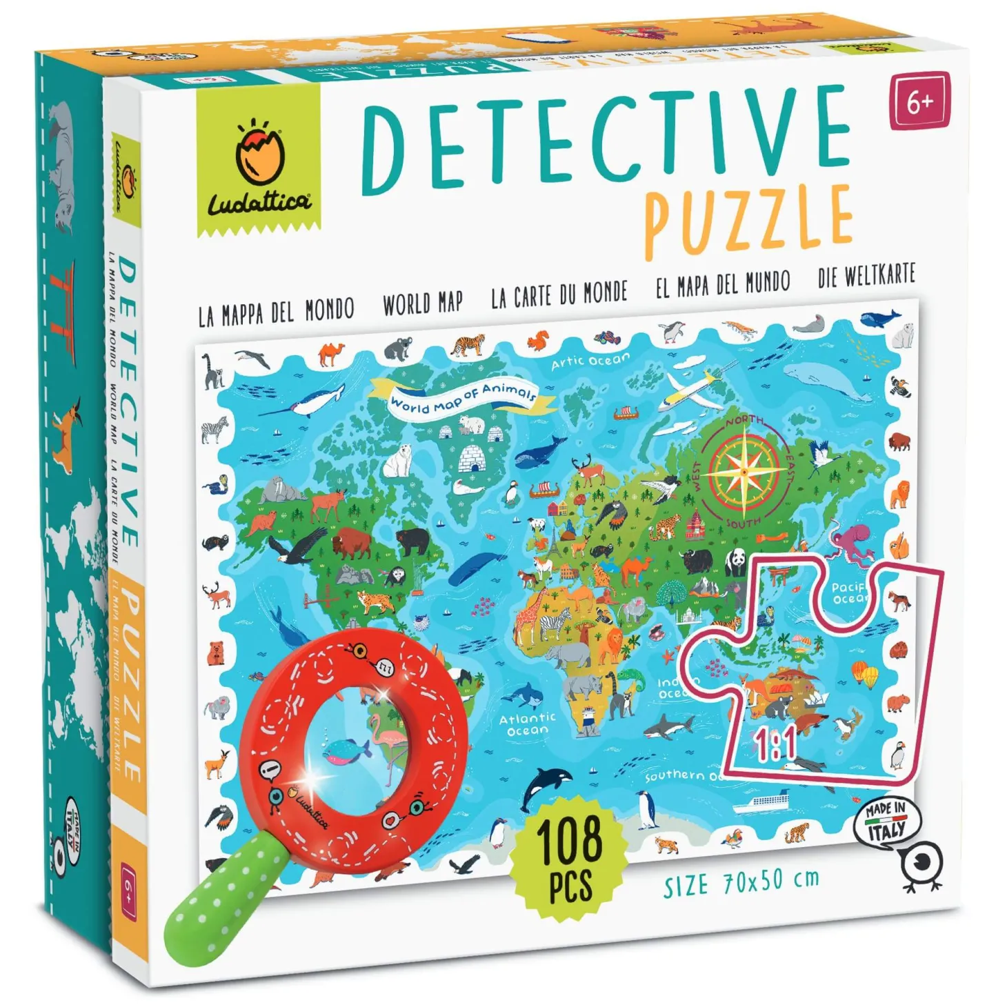 DETECTIVE PUZZLE - puzzle, gra detektywistyczna - MAPA ŚWIATA ze ZWIERZĘTAMI