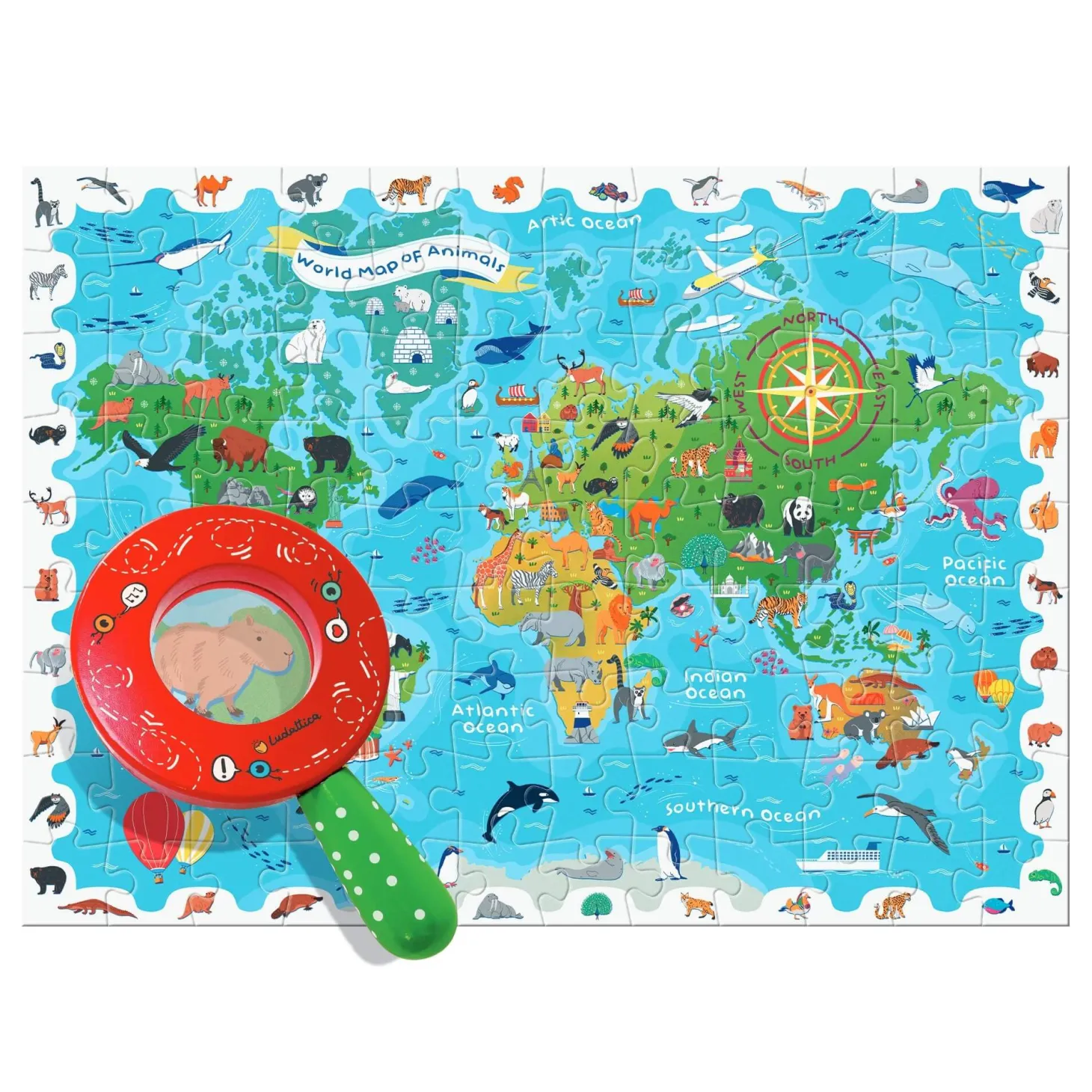 DETECTIVE PUZZLE - puzzle, gra detektywistyczna - MAPA ŚWIATA ze ZWIERZĘTAMI