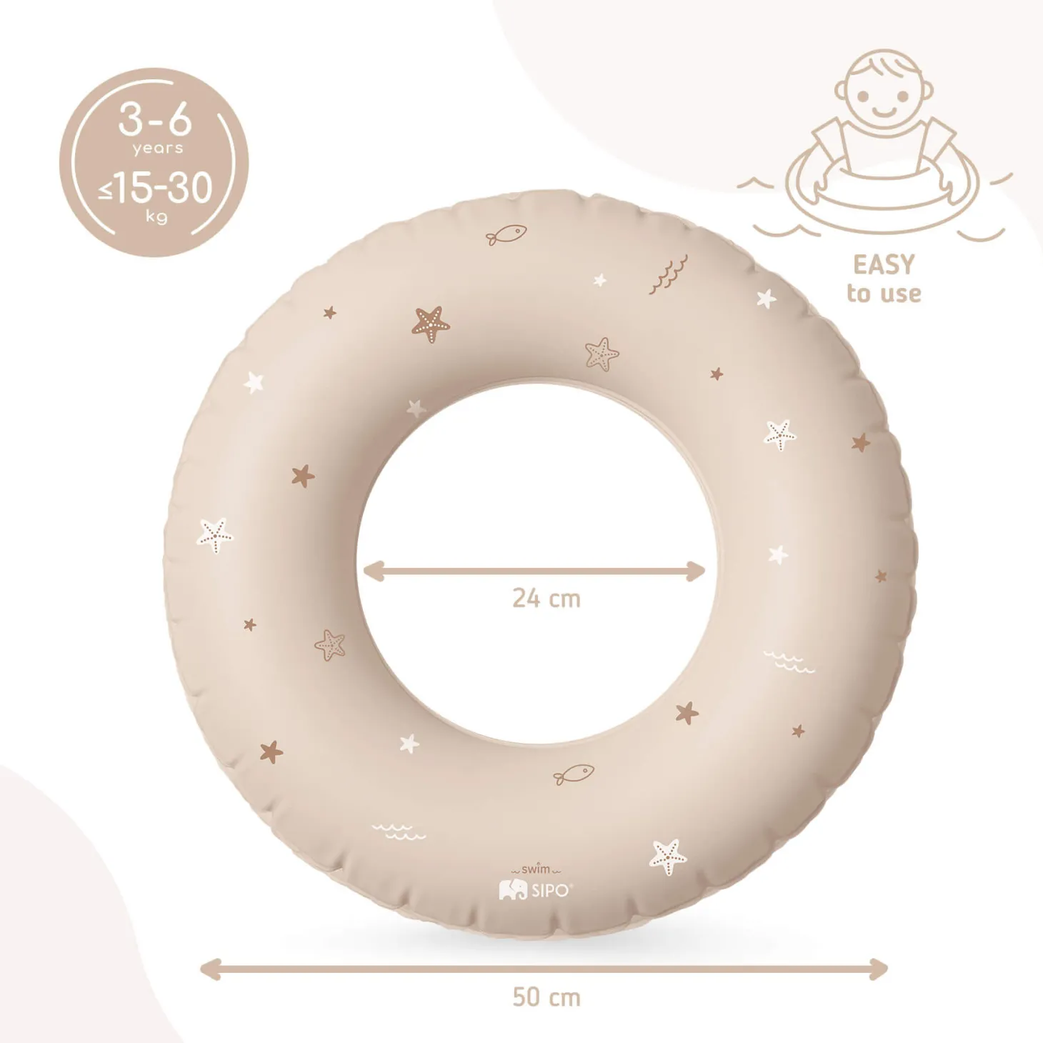 Dmuchane koło do pływania dla dzieci 3-6 lat (15-30 kg) - beżowe