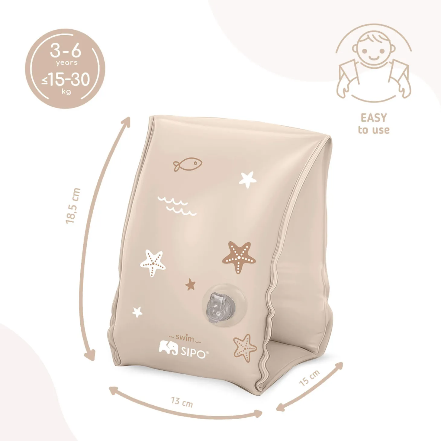 Dmuchane rękawki do pływania dla dzieci 3-6 lat (15-30 kg) - beżowe