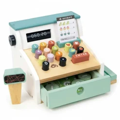 Drewniana kasa sklepowa ze skanerem