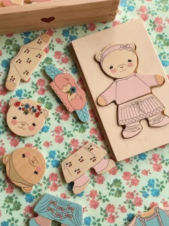 Drewniana układanka puzzle miś - dusty pink