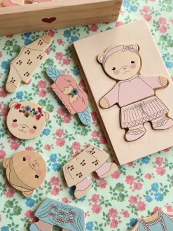 Drewniana układanka puzzle miś - dusty pink