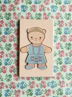 Drewniana układanka puzzle miś - dusty pink