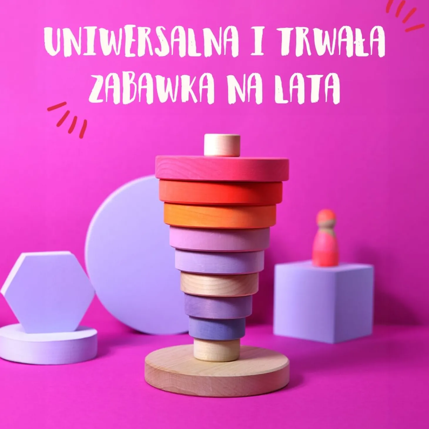 Drewniana wieża 10 krążków - Neon Pink