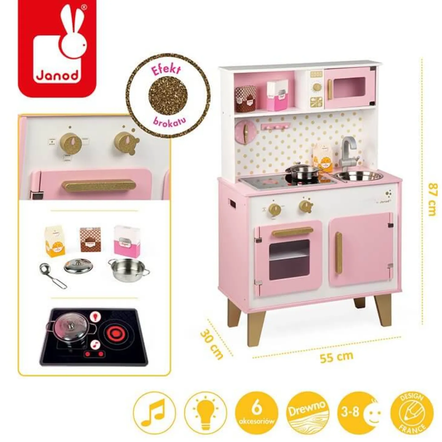 Duża kuchnia drewniana z dźwiękiem i 6 akcesoriami Candy Chic