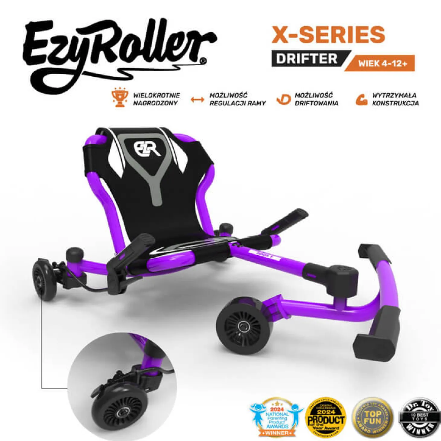 EzyRoller Drifter X Pojazd gokart napędzany nogami driftingowy 4-12 lat - Purple