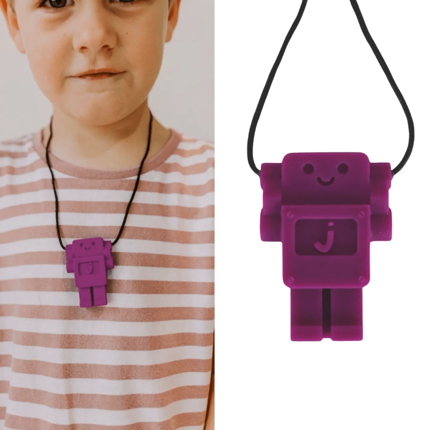 Gryzak terapeutyczny, antystresowy naszyjnik MEDIUM Robot - Purple Grape