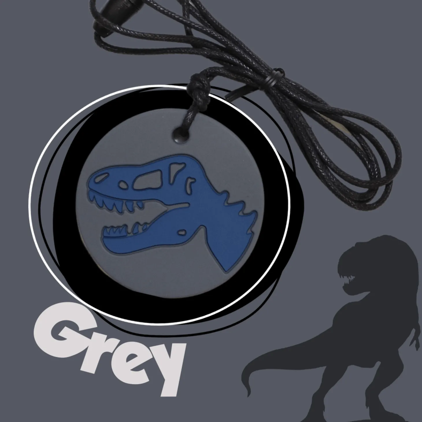 Gryzak terapeutyczny, antystresowy naszyjnik MEDIUM - Dinozaur szary