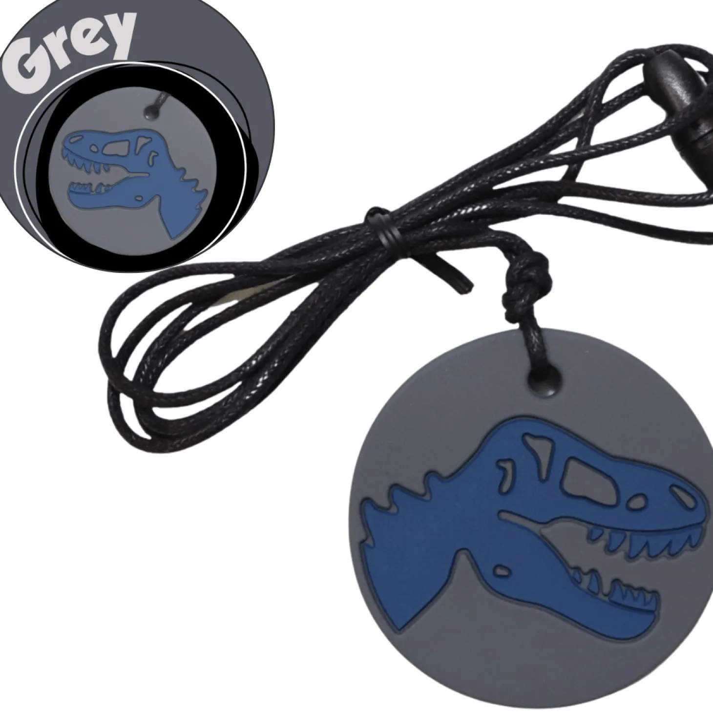 Gryzak terapeutyczny, antystresowy naszyjnik MEDIUM - Dinozaur szary