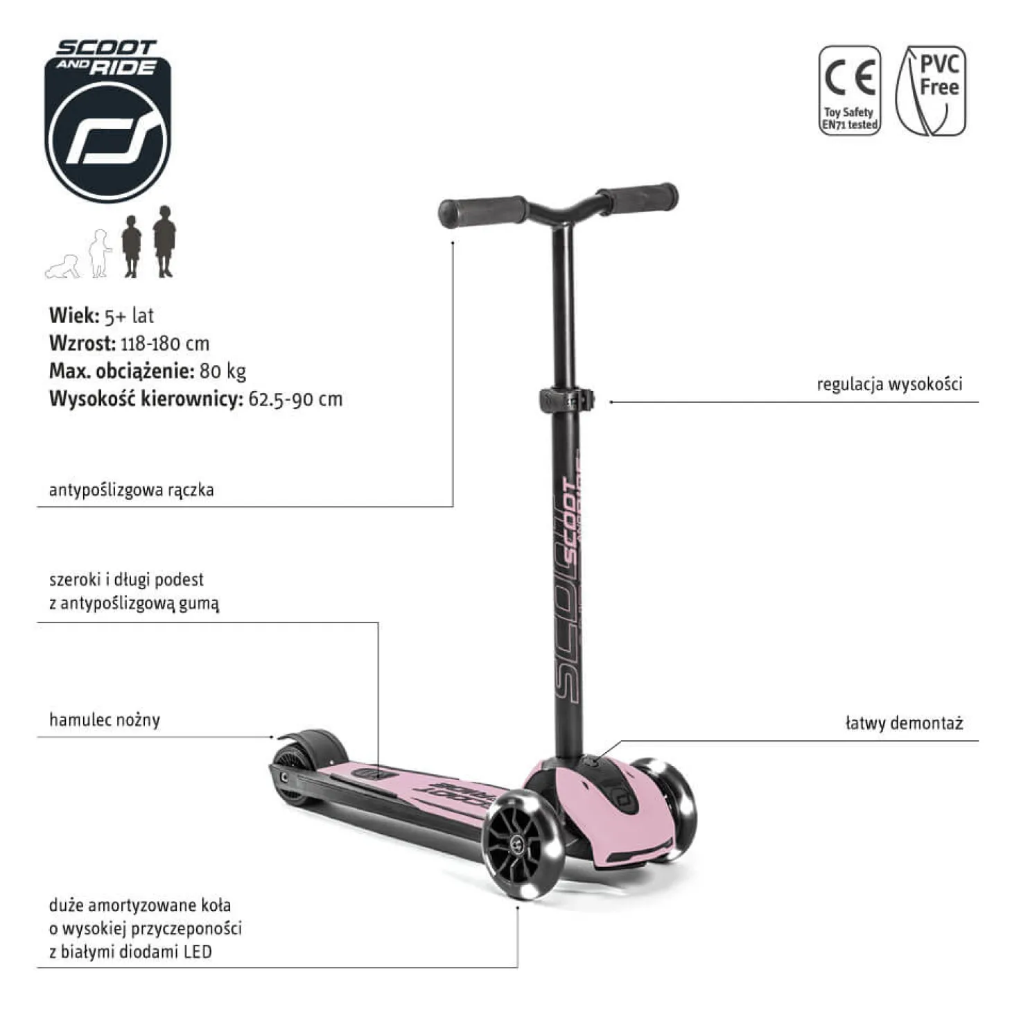 Highwaykick 5 LED Hulajnoga trójkołowa balansowa ze świecącymi kółkami 5+ Rose