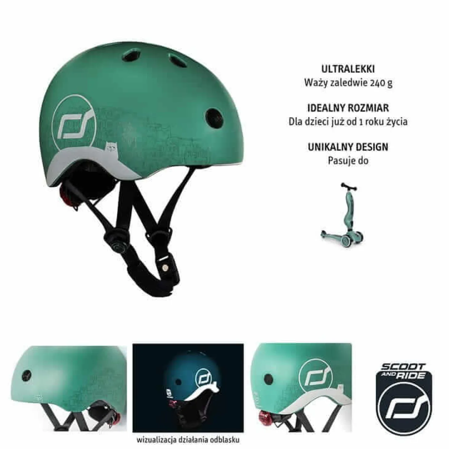 II GATUNEK: Kask z odblaskami XXS-S dla dzieci 1rż+ Forest Owl
