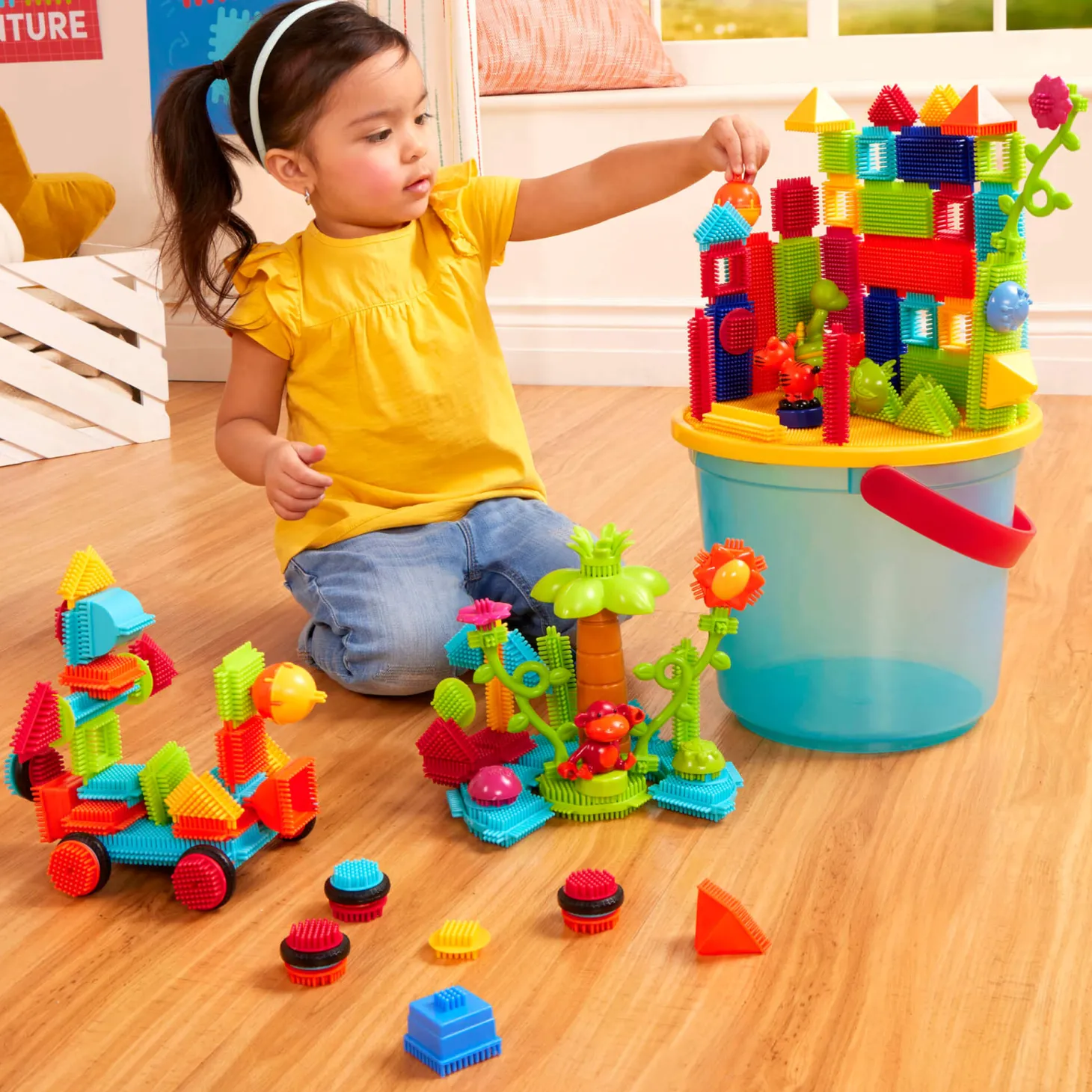 Jungle Adventure Bucket - klocki jeżyki w wiadrze - zestaw DŻUNGLA, 128 elementów
