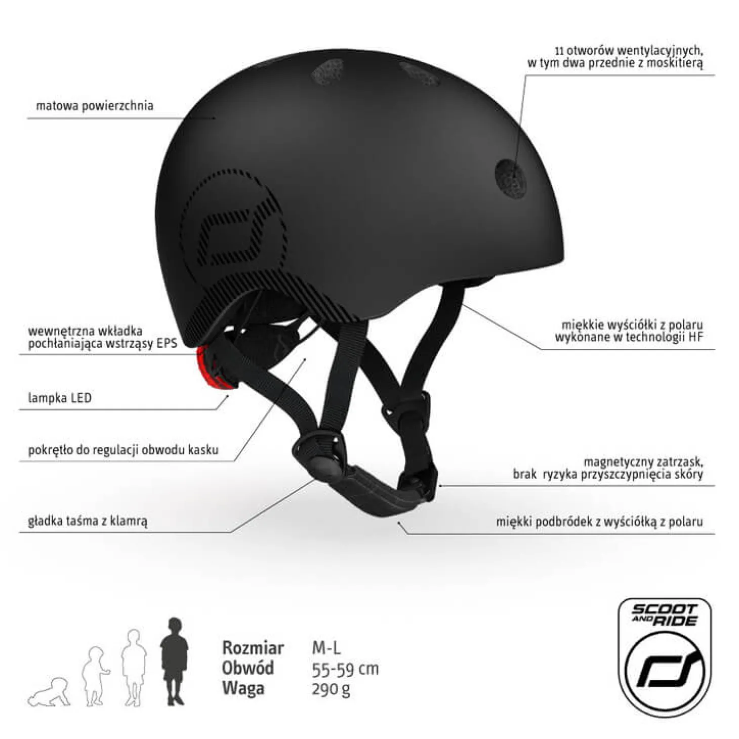 Kask M-L dla starszych dzieci i nastolatków Black