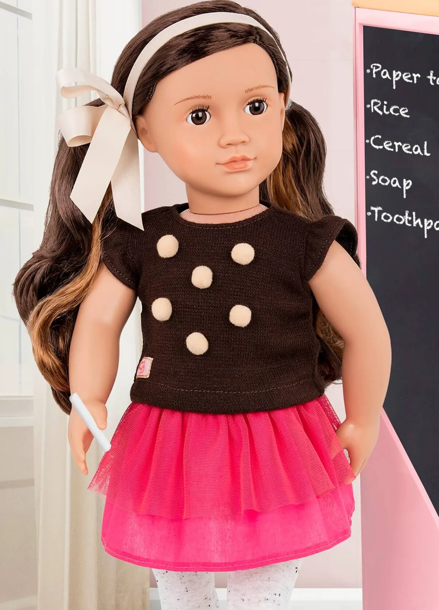 Lalka AVIA 46cm - Brunetka w bluzce z pomponikami