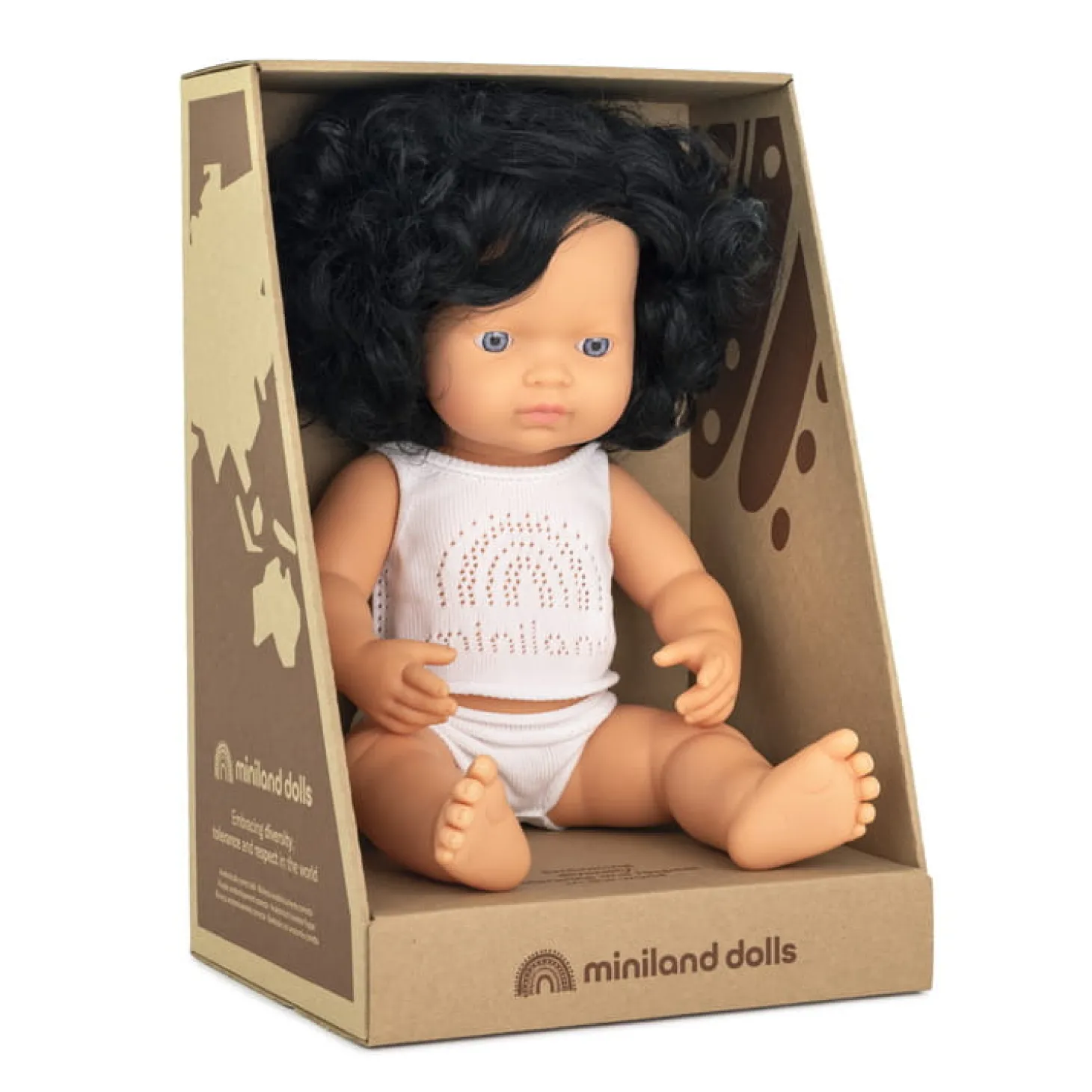 Lalka dziewczynka Europejka czarne kręcone włosy 38cm Miniland Doll