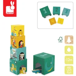 Piramida wieża 5 kostek z drewnianymi figurkami Tropik 12m+