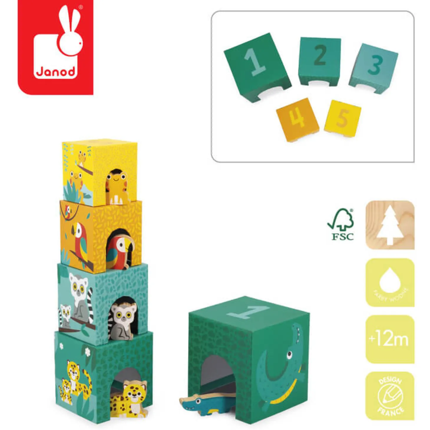 Piramida wieża 5 kostek z drewnianymi figurkami Tropik 12m+