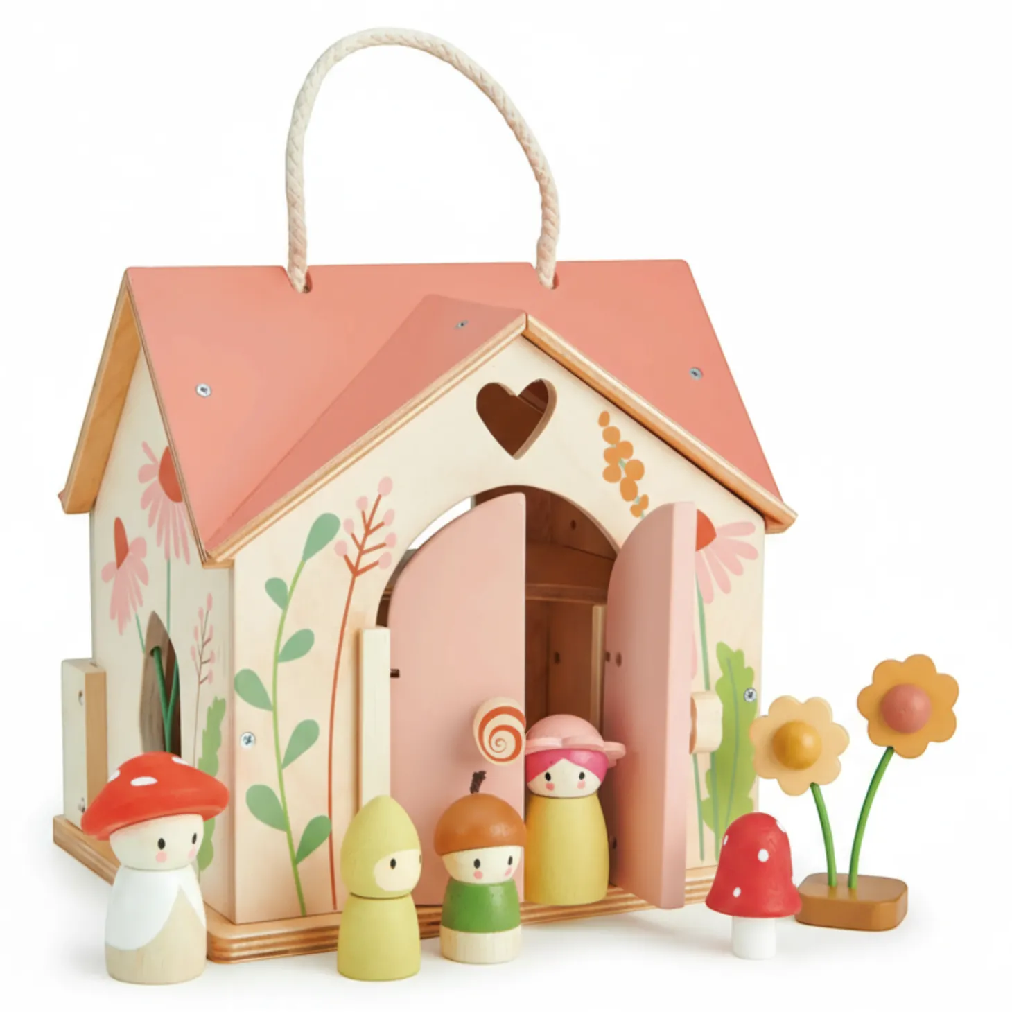 Przenośny, leśny domek z wyposażeniem i laleczkami