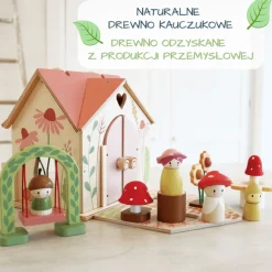 Przenośny, leśny domek z wyposażeniem i laleczkami