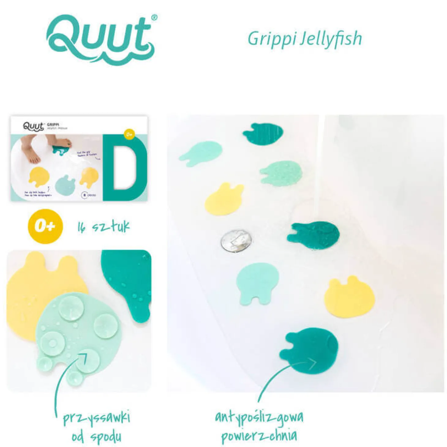 Przyssawki antypoślizgowe do wanny meduzy Grippi Jellyfish - Minty yellow