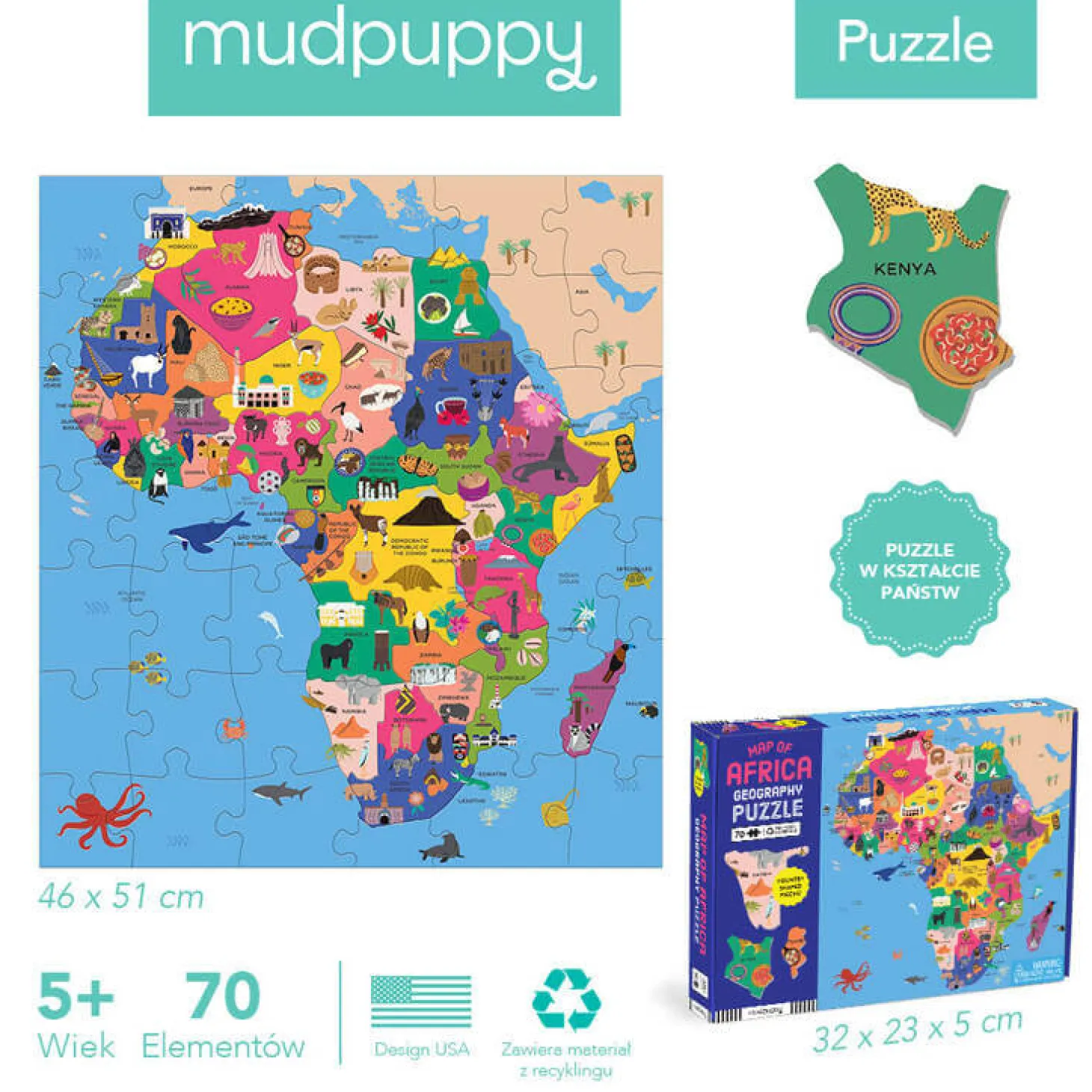 Puzzle konturowe Mapa Afryki 70 elementów 5+