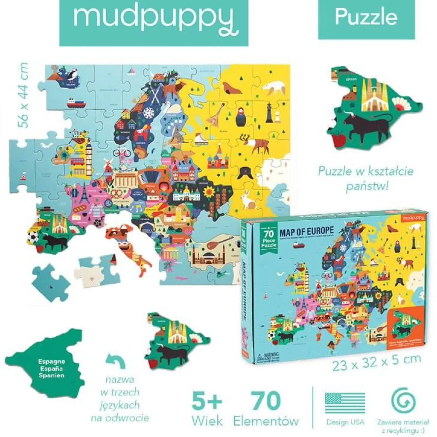 Puzzle Mapa Europy z elementami w kształcie państw 5+