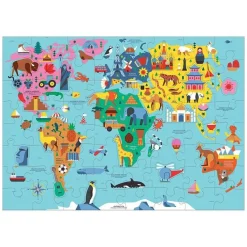 Puzzle Mapa Świata z elementami w kształcie budynków i zwierząt 5+