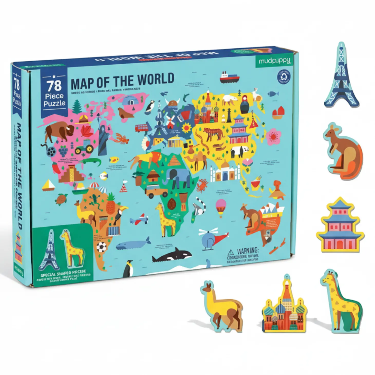 Puzzle Mapa Świata z elementami w kształcie budynków i zwierząt 5+