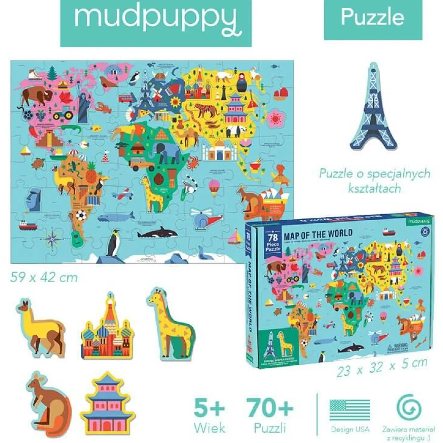 Puzzle Mapa Świata z elementami w kształcie budynków i zwierząt 5+