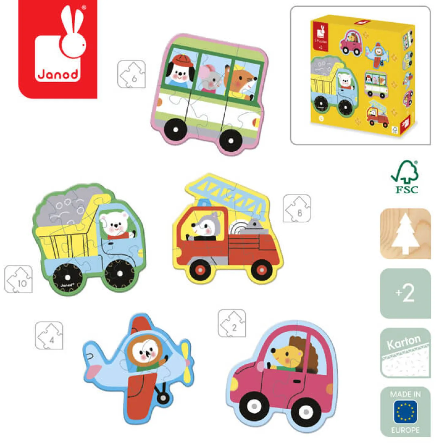 Puzzle progresywne 5 układanek - 2, 4, 6, 8 i 10 el. Pojazdy, 2+
