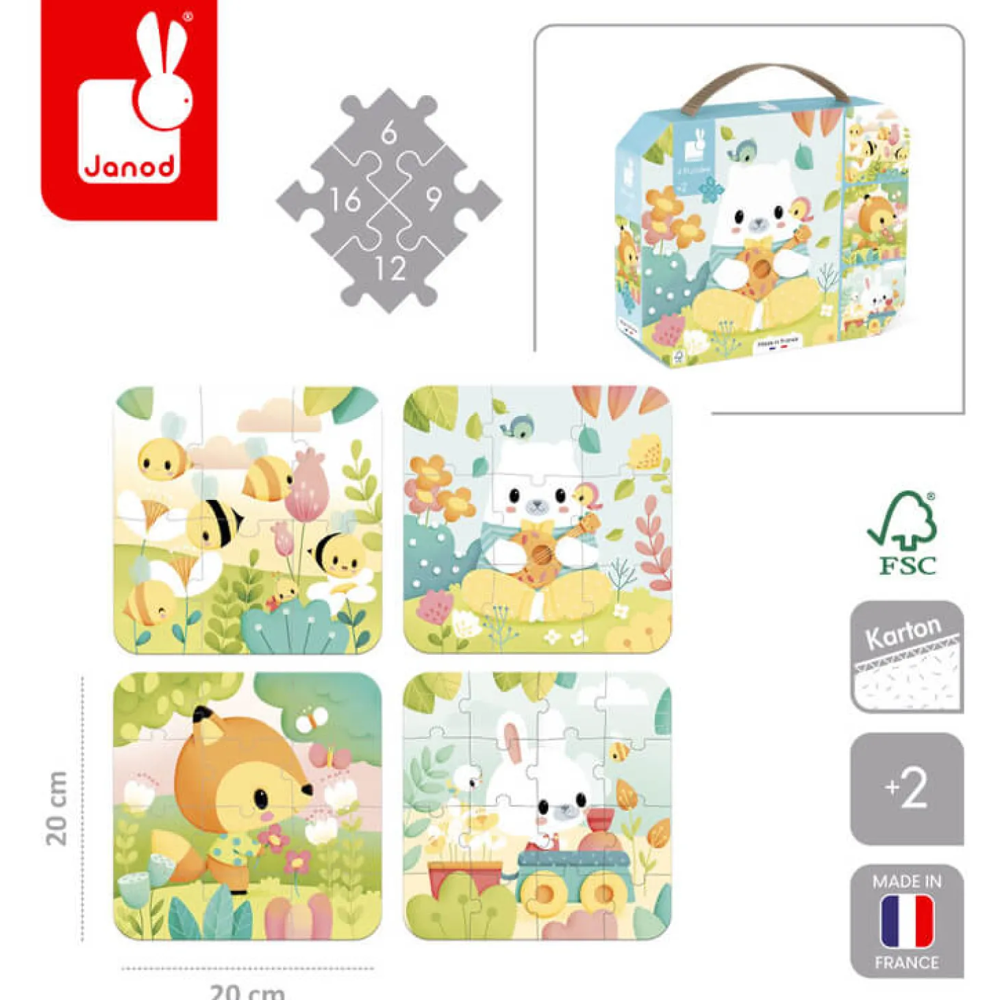 Puzzle progresywne w walizce Zwierzątka Pure 4 układanki – 6, 9, 12 i 16 elementów 2+
