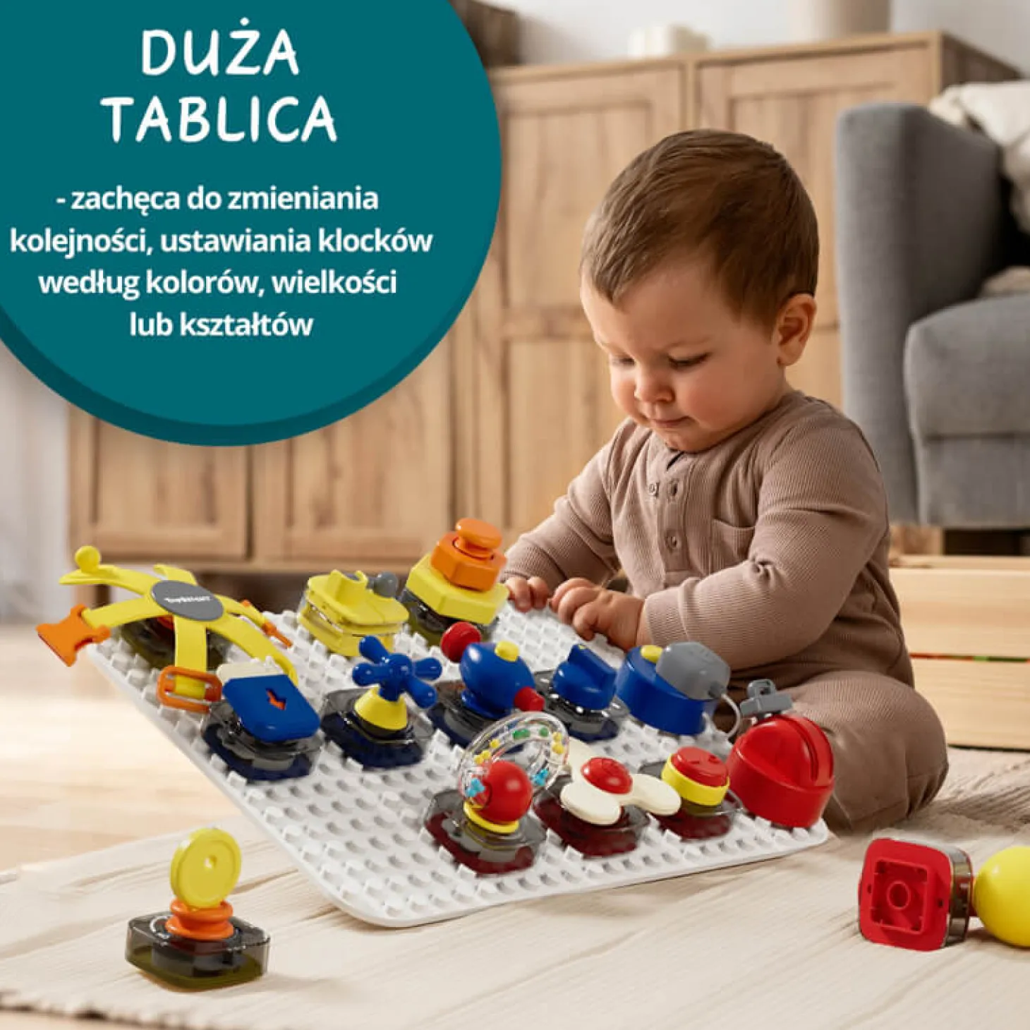 Tablica manipulacyjna z kostką i doczepianymi elementami, 1+