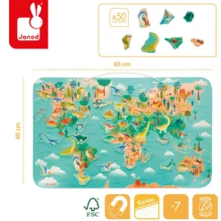 Układanka drewniana magnetyczna Mapa świata z 50 magnesami Dinozaury 7+