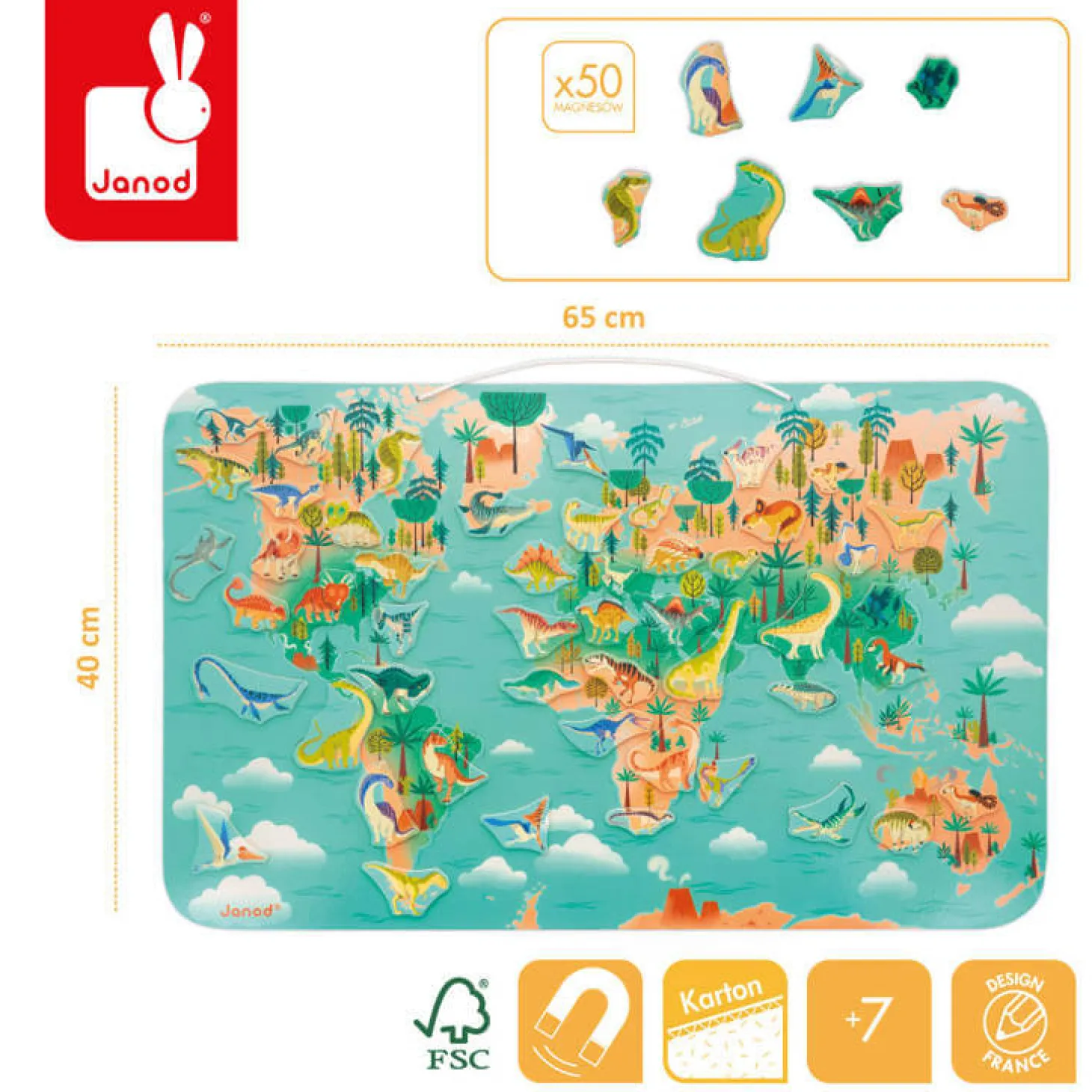 Układanka drewniana magnetyczna Mapa świata z 50 magnesami Dinozaury 7+