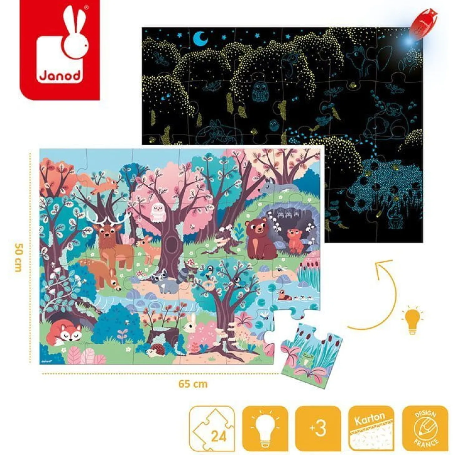 Świecące puzzle z mini-lampką UV Las 24 elementy 3+