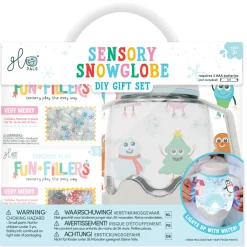 Zestaw sensoryczny DIY, świecący słoik z brokatami i figurkami Fun Fillers + naklejki gratis - ŚNIEŻNY