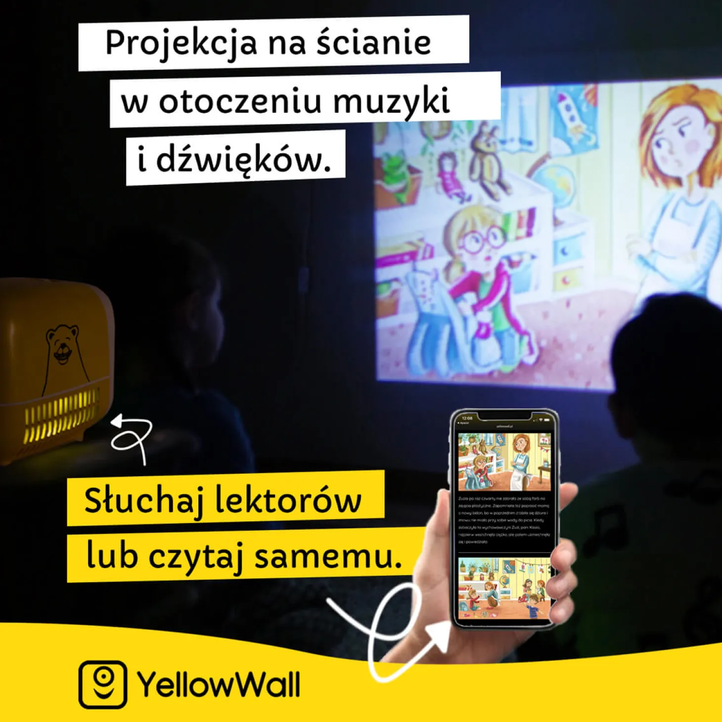 Zestaw startowy. Projektor YellowWall + 4 Multibajki